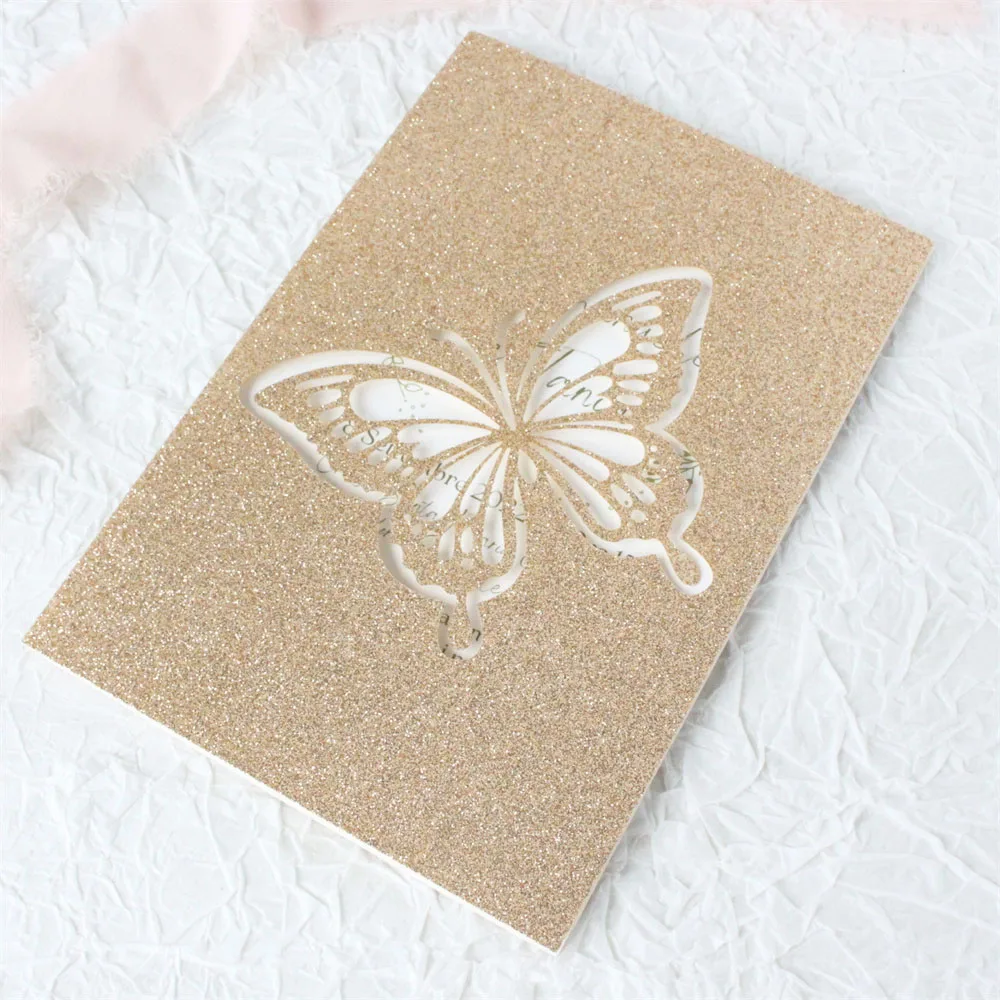 Butterfly Invitations Wedding Gift Card Celebration Decoration 250gsm Glitter Rose Gold Personalized Printing 50 Sets