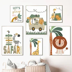 Lion Giraffe Monkey Sloth Zebra In Jungle Canvas Painting Nordic Cartoon Animals Wall Art Posters Prints Pictures Kids Room Deco