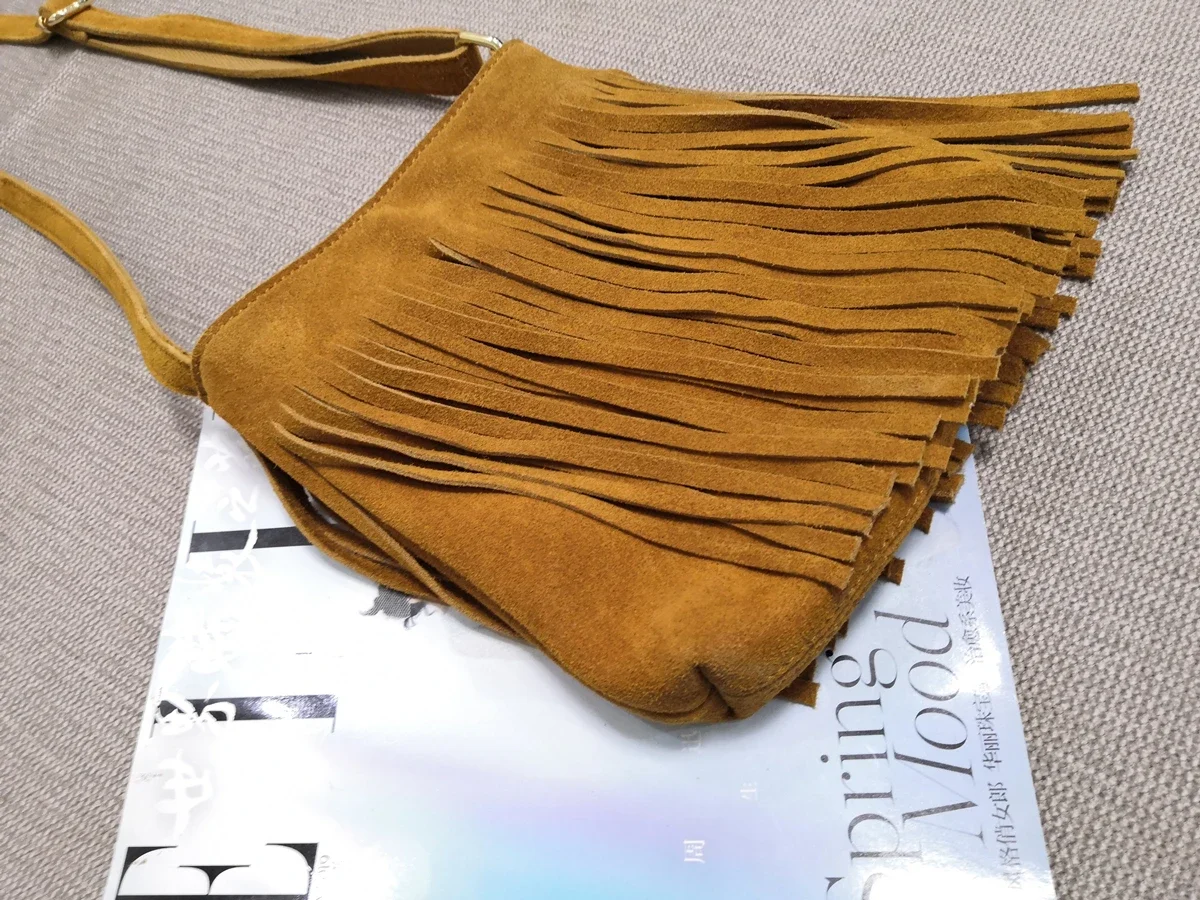 Female Genuine Leather Fringed Phone Side Sling Shoulder Bag 2024 Small Y2K Suede Nubuck Beach Ibiza Boho Gypsy Hippie Pouch Bag