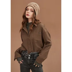 Women's Clothing Shirt Spring Brown Shirt Fake Two Pieces Corduroy Fashion Vintage Female Long Sleeve Chic Casual Blouse Tops