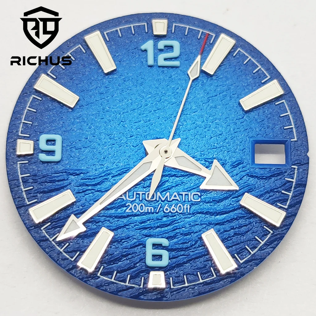 RICHUS Blaues Zifferblatt 28,5mm mit Zeigern Grün Leuchtend Passend für NH34 NH35 NH36 Uhrwerk Uhrenzubehör