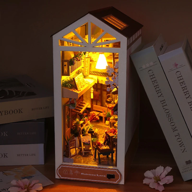 DIY Book Nook Kit Wooden Mini Doll House Kit 3D Puzzle Assembly Building Model Bookshelf Insert Decor With LED Lights Adult Gift