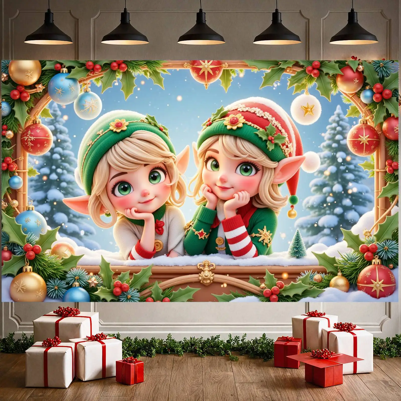 Banner natalizio Decorazioni di agrifoglio Banner da elfo Banner natalizio festivo per la festa di Natale Servizio fotografico natalizio Celebrazione natalizia