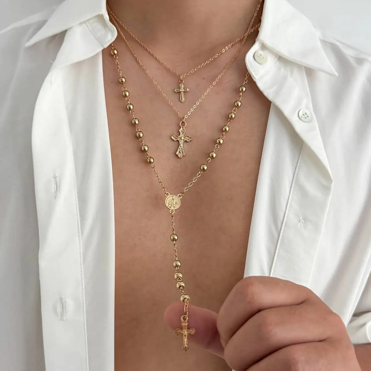 

KunJoe 3 Pcs/Set Hip Hop Jesus Cross Pendant Necklace for Men New Gothic Stackable Bead Chain Choker 2025 Trendy Male Jewelry