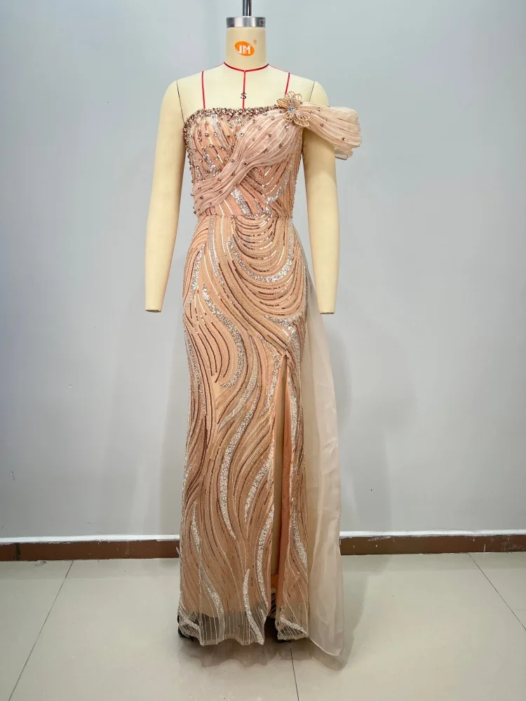 Fashion Sexy Beige One-Shoulder with Sequins & High Slit Maxi Dress for Date Night Dinner Gala Gown