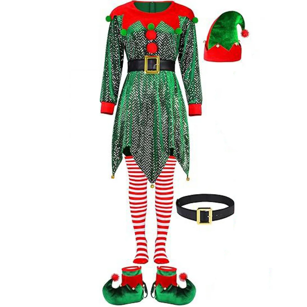 

Christmas Elf Costume for Woman Santa Claus Uniform Dress Hat Stocking Full Set Carnival Party New Years Role Play Clothes
