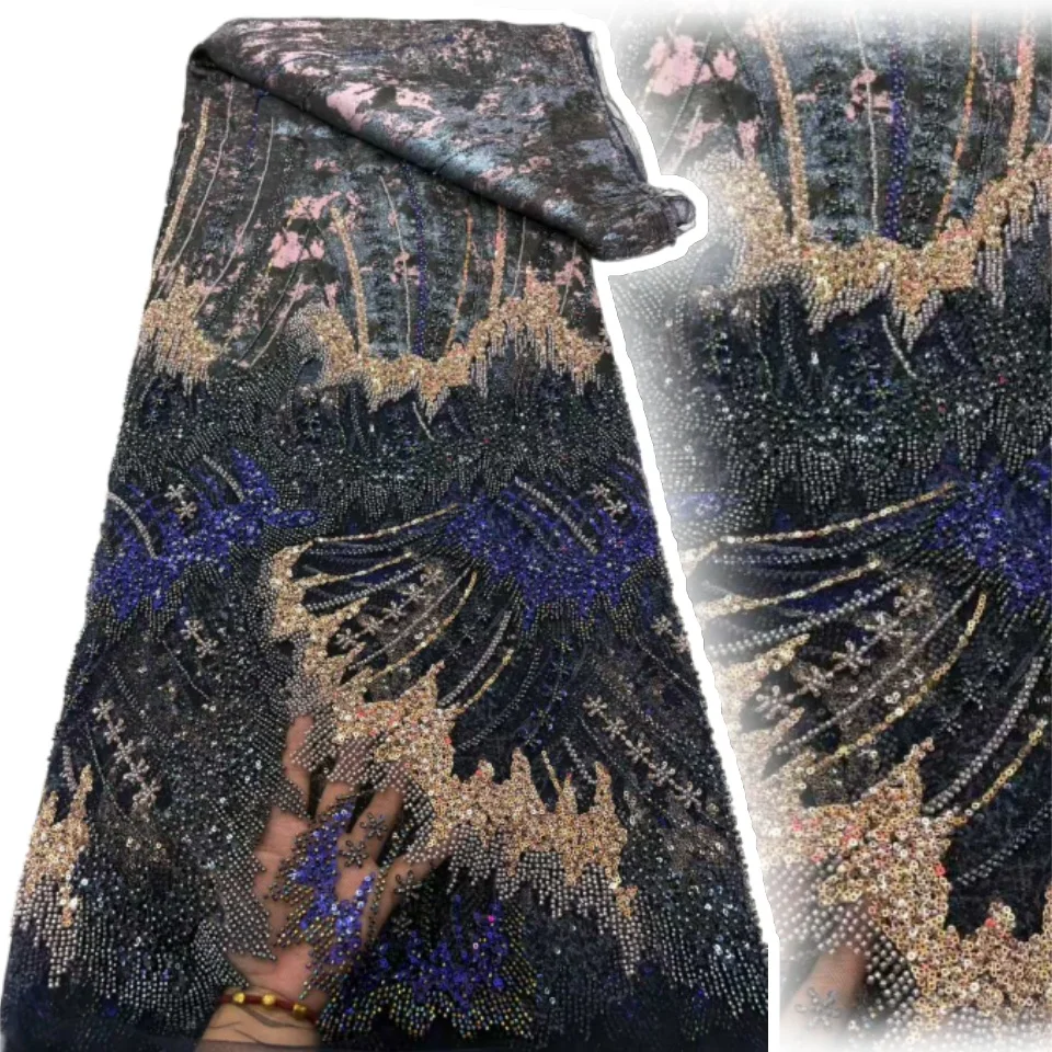 

Роскошная изысканная тяжелая кружевная ткань с бисером, тюль, французское кружево с бисером, нигерийская вышивка блестками для свадебной вечеринки, женская SZ1568