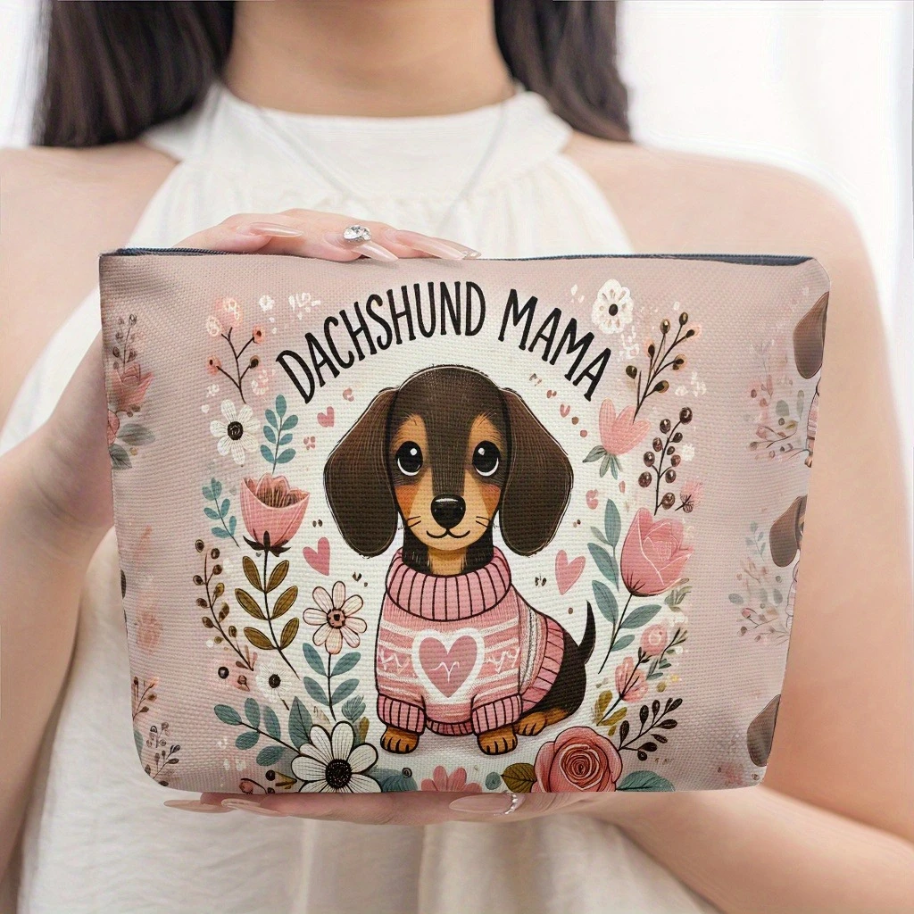 A Makeup Bag Featuring A Warm-Clothed Dachshund Surrounded By Flowers, Portable and Foldable, with A Zipper Closure