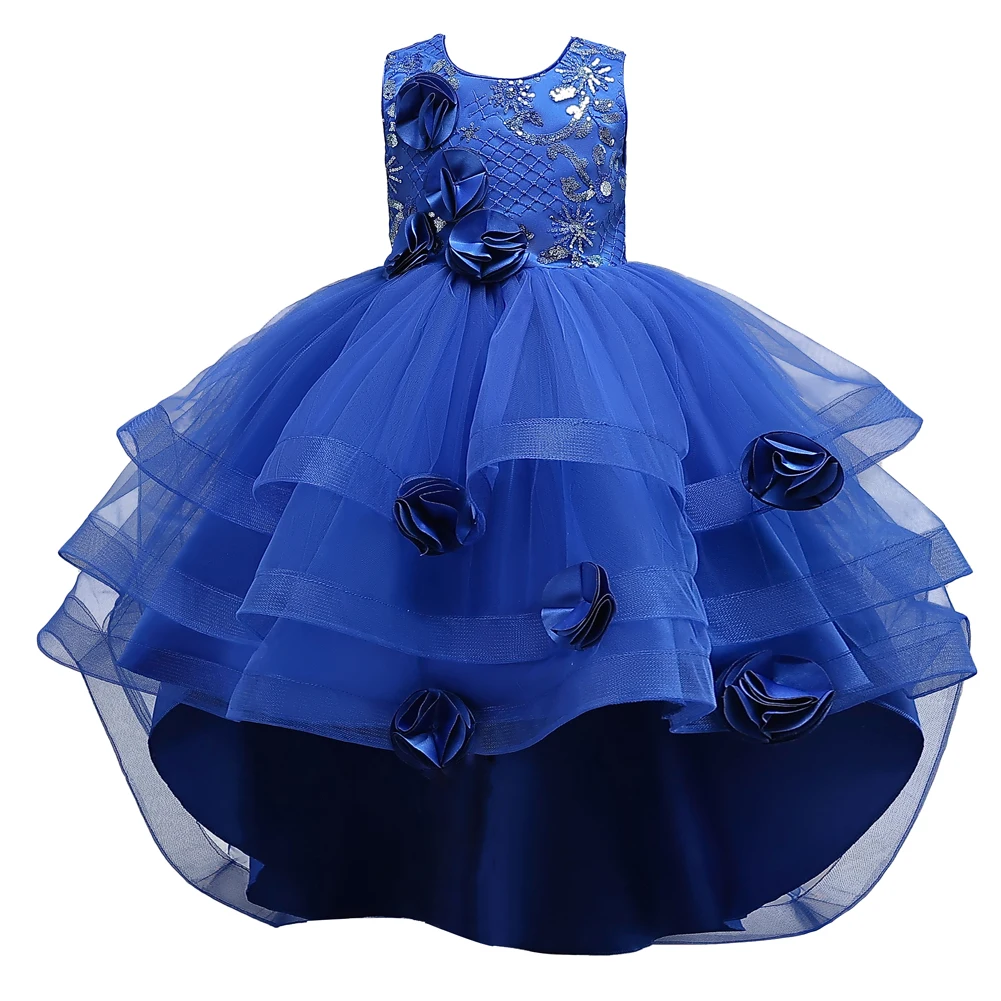 

New Blue Flower Girl Princess Tail Dress for 3 to 12 Year KID Birthday Party Dresses
