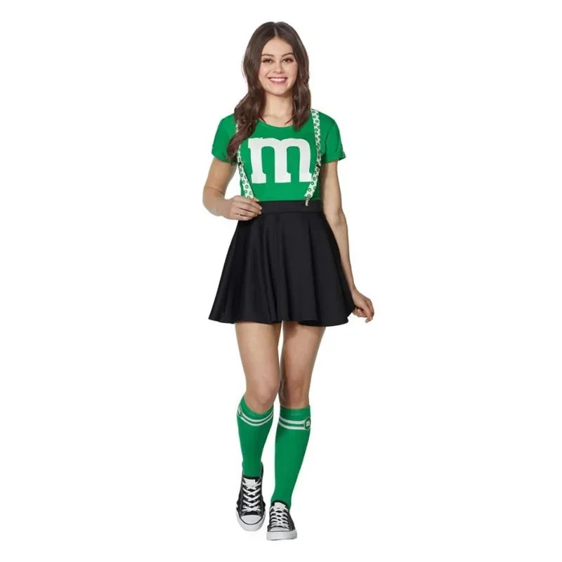 New 2025 Kids M & M's Costume Cheerleader Uniform Kit with Suspender Family Games Parents-Child Clothing Outfits T-Shirt BlX158