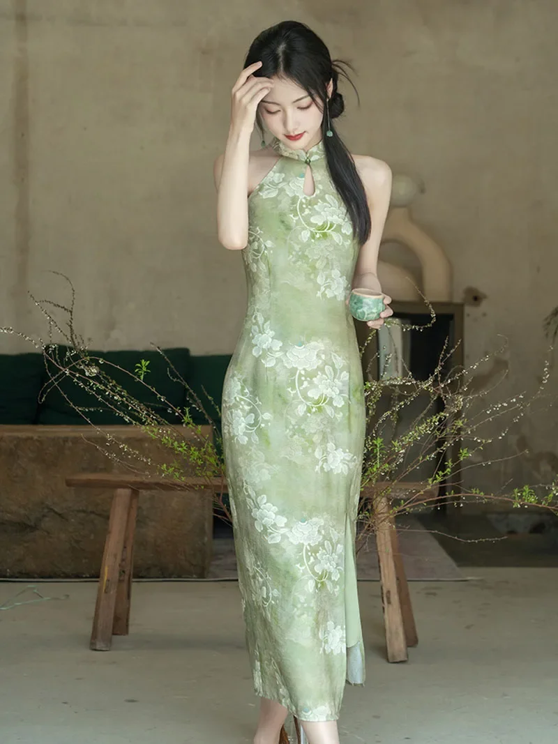 New Chinese Style Green Cheongsam Vintage Qipao Women Floral Summer Halter Dress Slim Sleeveless Party Costume S To 2XL