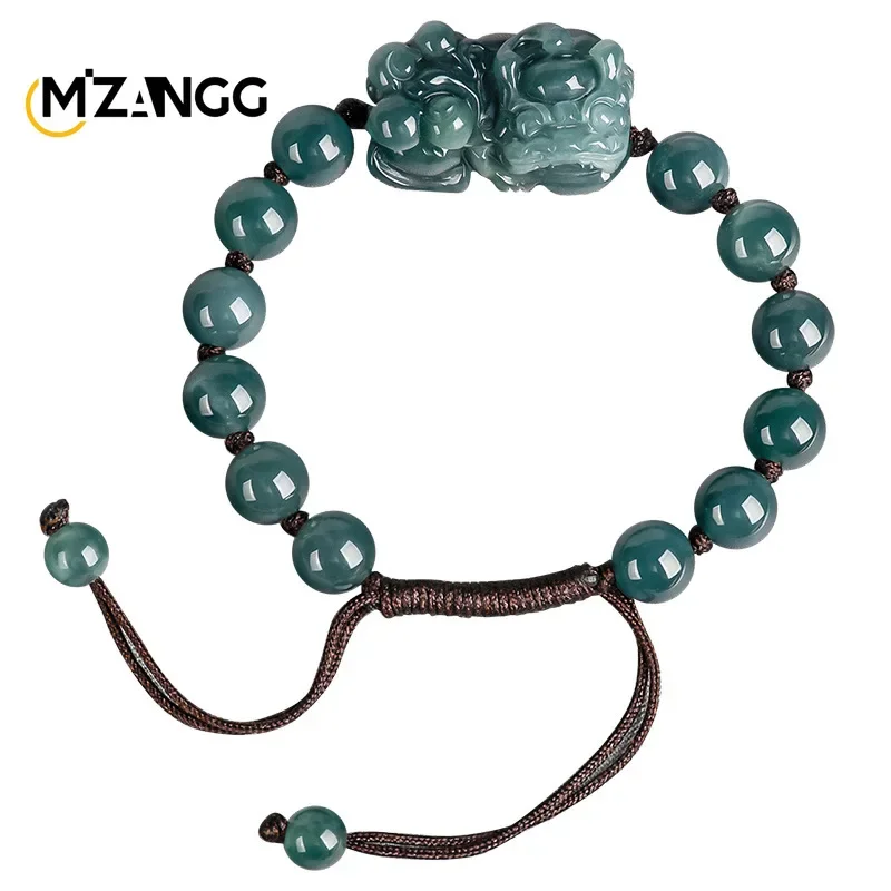 High-grade Natural Myanmar Jadeite Blue Water PiXiu Bracelet Hand-woven Hand Rope Lucky Charms Luxury Jewelry for Men and Women