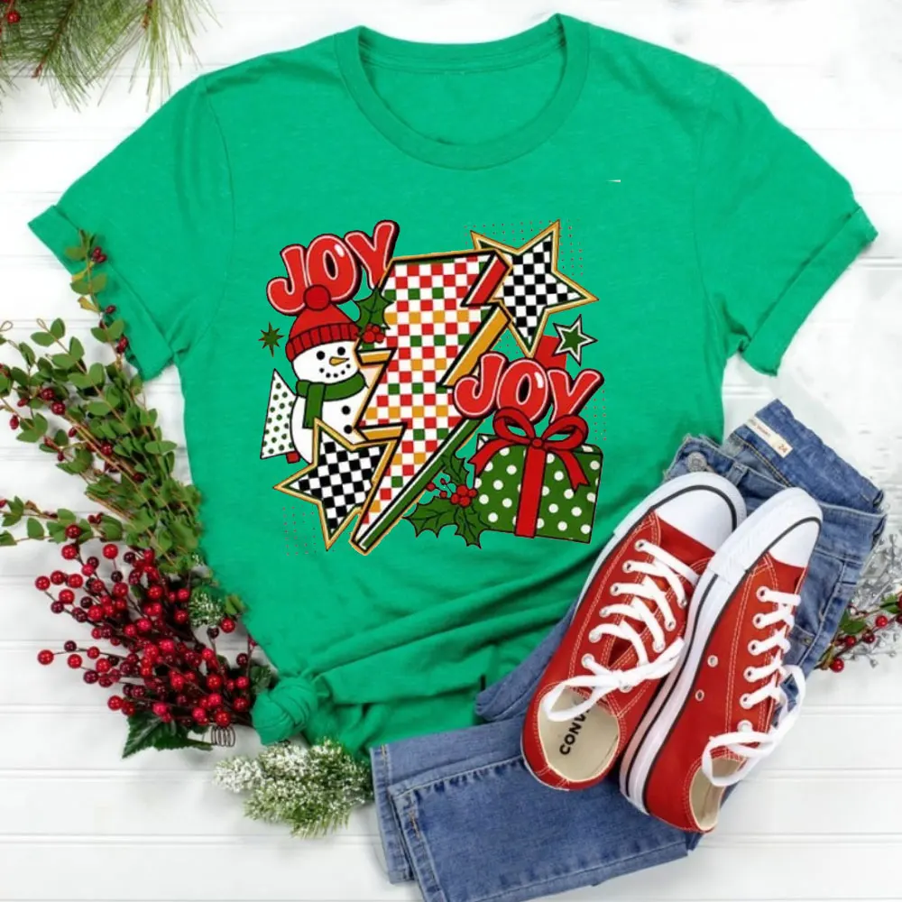 Retro Christmas Tops Checkered Shirt Clipart Joy Snowman Gift Tops High Quality Loose Casual Cotton T Shirt Women Clothes
