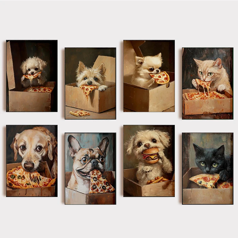 Vintage Funny Animal Art Posters Cat Stealing Snacks Dog Eating Pizza Burger Aesthetic Canvas Painting Living Room Home Decor