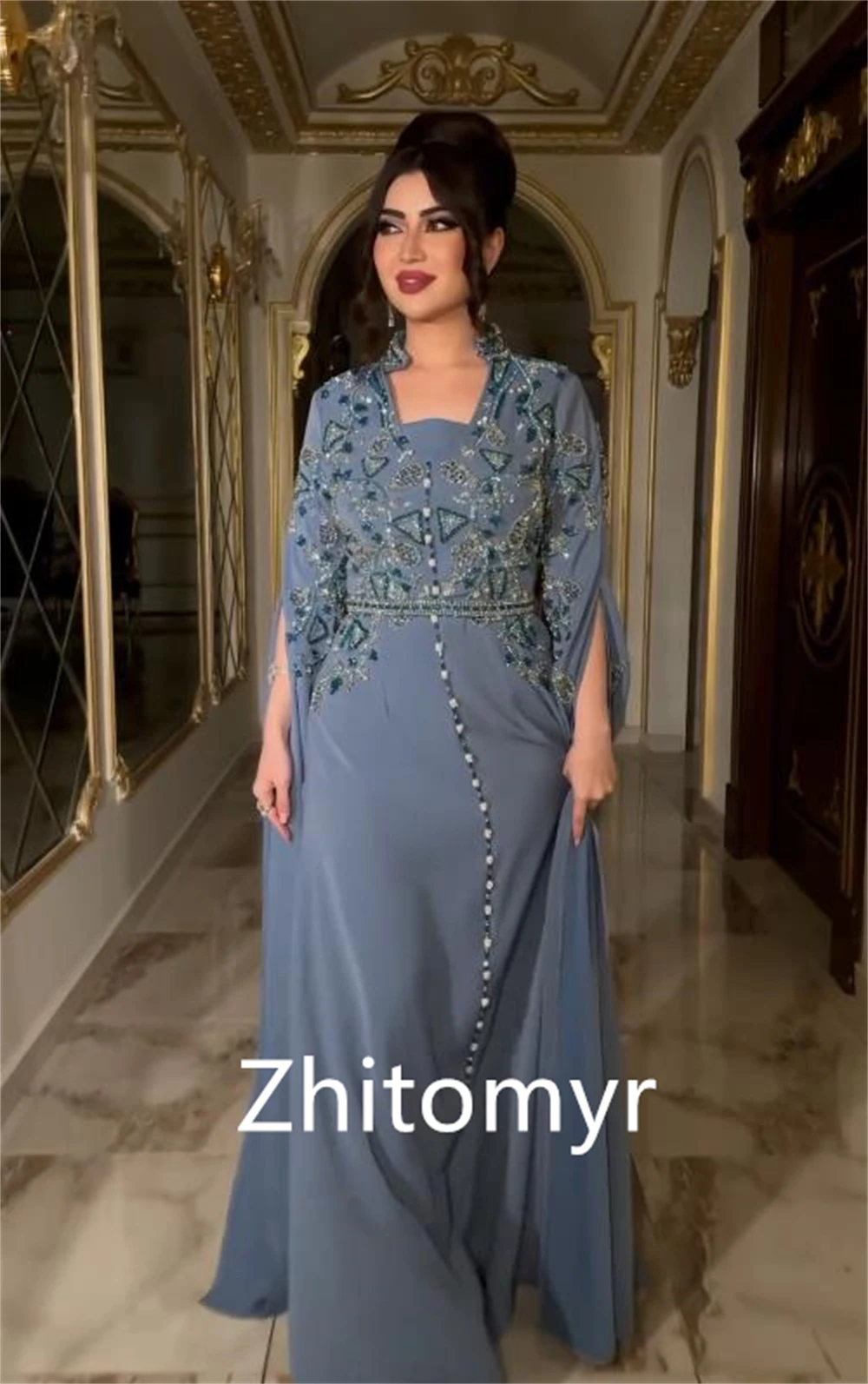 Matching High Quality Square A-line Celebrity Dress Beading Paillette / Sequins Floor Length Chiffon Evening 2023 Saudi Arabia