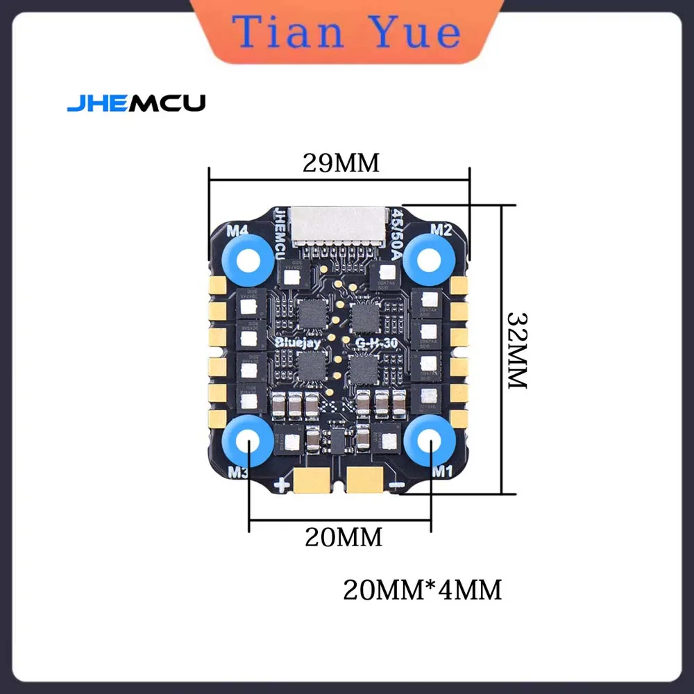 

JHEMCU EM 45A/50A 4 в 1, бесщеточный ESC 2-6S Lipo 20x20 мм M4, эффективный для RC FPV Racing, дрона для фристайла