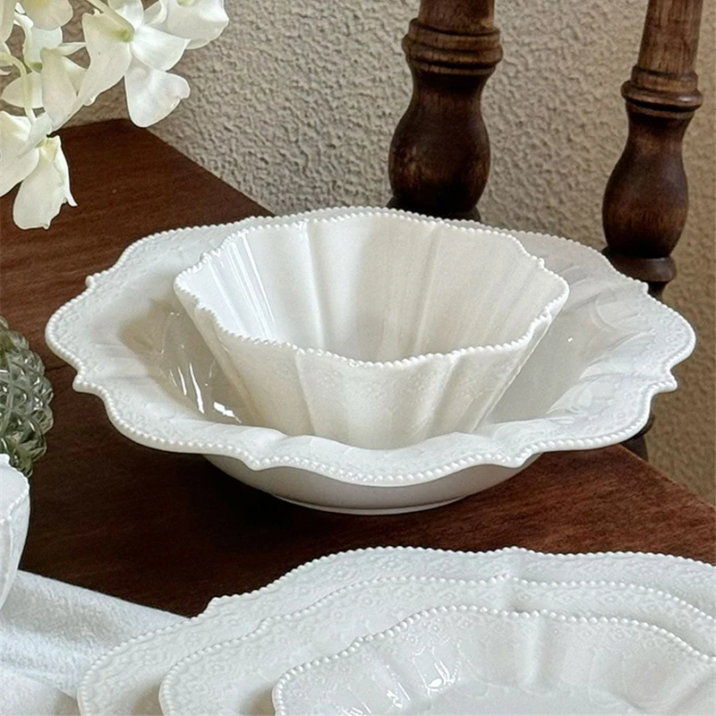Ceramic Plates Dinner Sets Elegant White Western Food Dishes Steak Paglio Salad Plate Embossed Party Tableware Cup and Saucer
