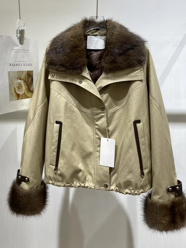 2025 inverno quente mulheres ganso para baixo jaquetas natural real muskrat gola de pele manguito feminino outwear casacos puffer jaquetas
