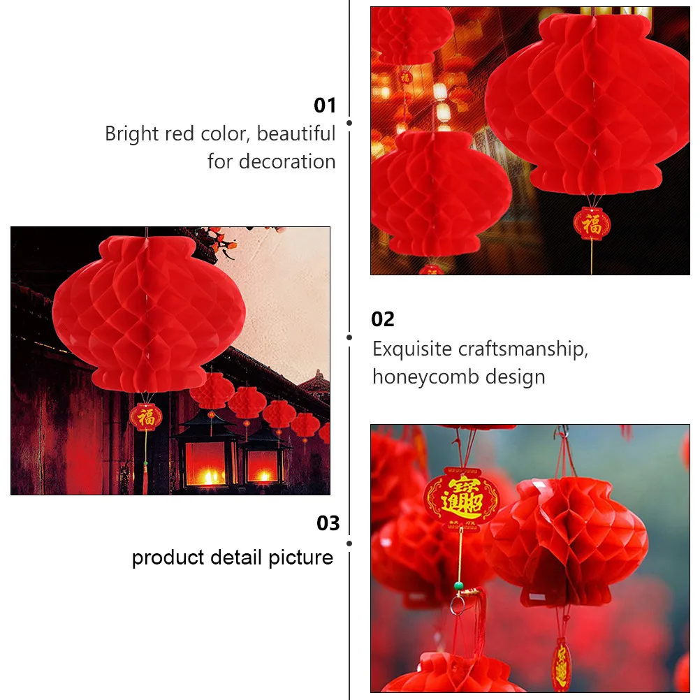 20 pcs Red Lantern Decorations Honeycomb Design Waterproof Foldable For Party Wedding Spring Festival Indoor Outdoor Use