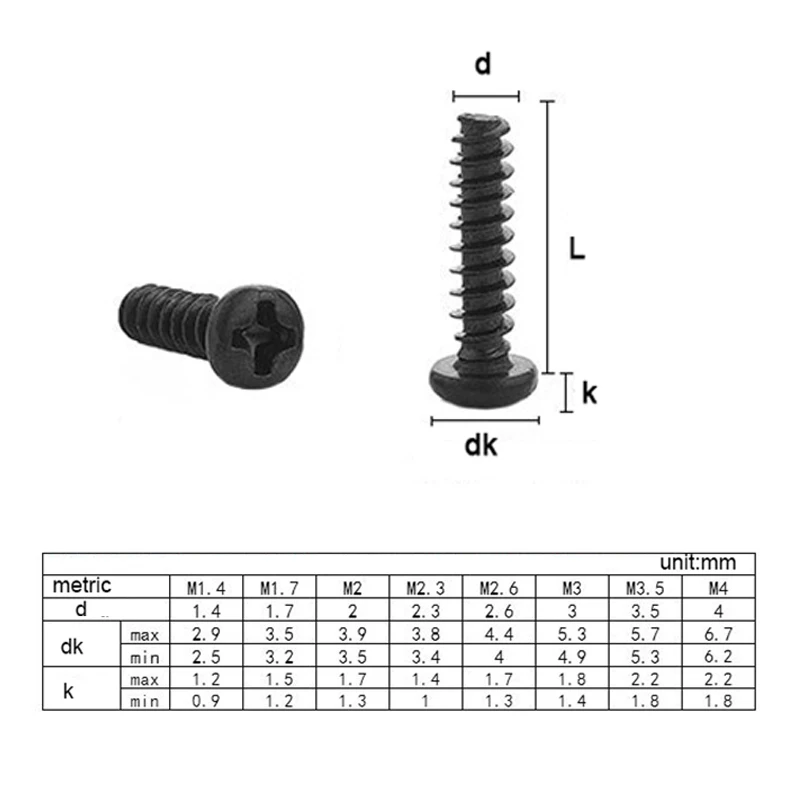 500/ 200/ 100pcs M1 M1.2 M1.4 M1.5 M1.6 M1.7 M2 M2.3 M2.6 PB Pan Head Black Electronic Micro Screws Phillips Self-tapping Screw