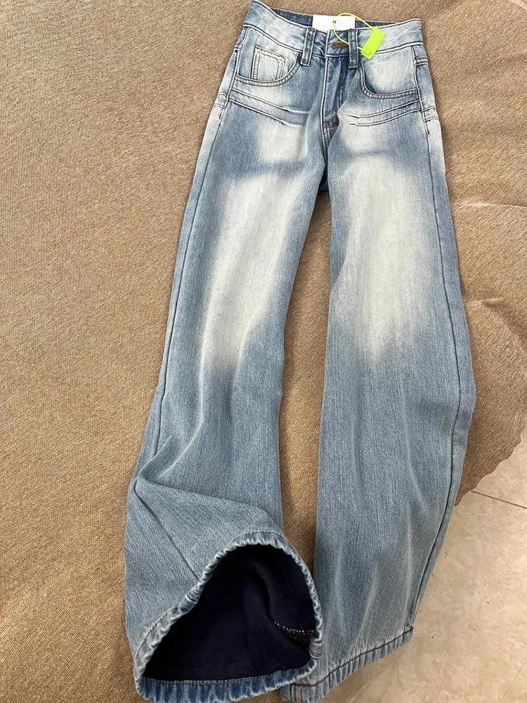 Thicken Plush Velvet Lined Straight Jeans Winter High Waist Baggy Vintage Wide Leg Denim Pants Korea Light Blue Women Vaqueros