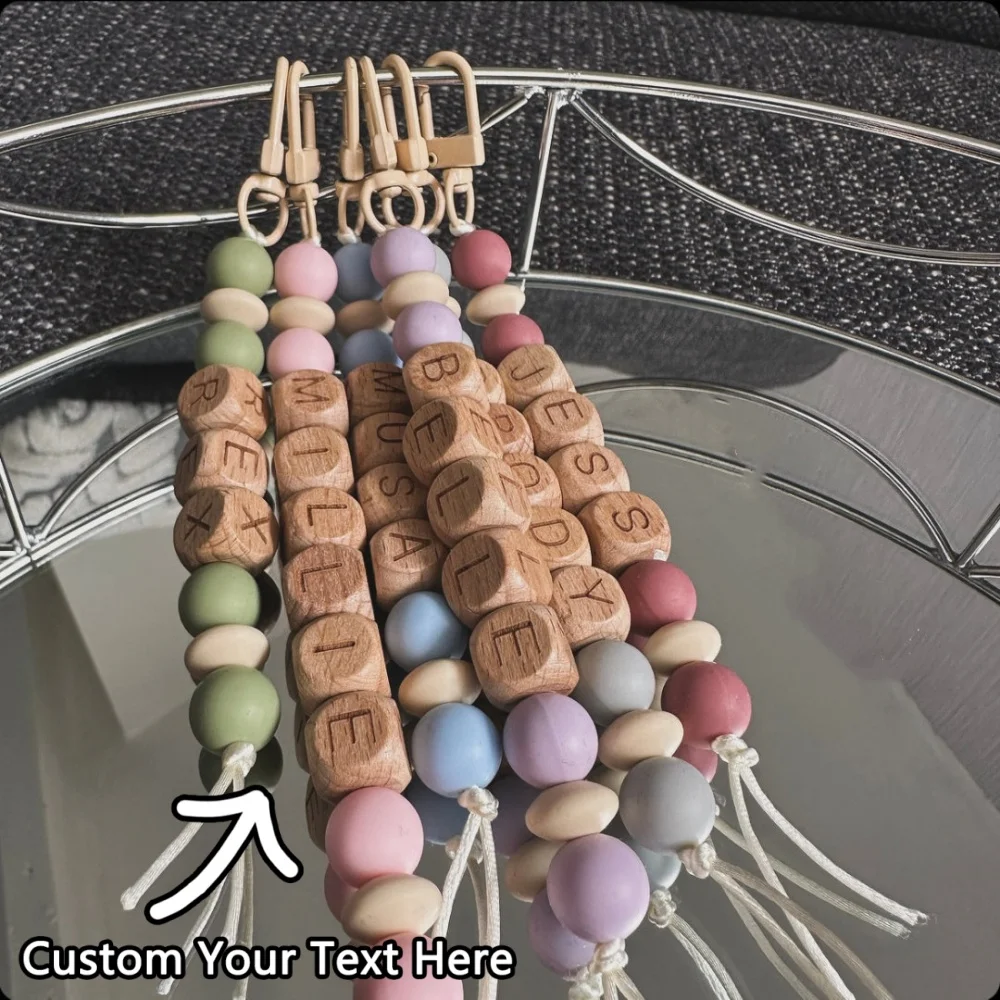 Custom Keychain - 1PC Personalized Beech Wood Bead Letter Laser Engraved DIY Accessory for Daily Use, Stress Relief & Heartwarmi