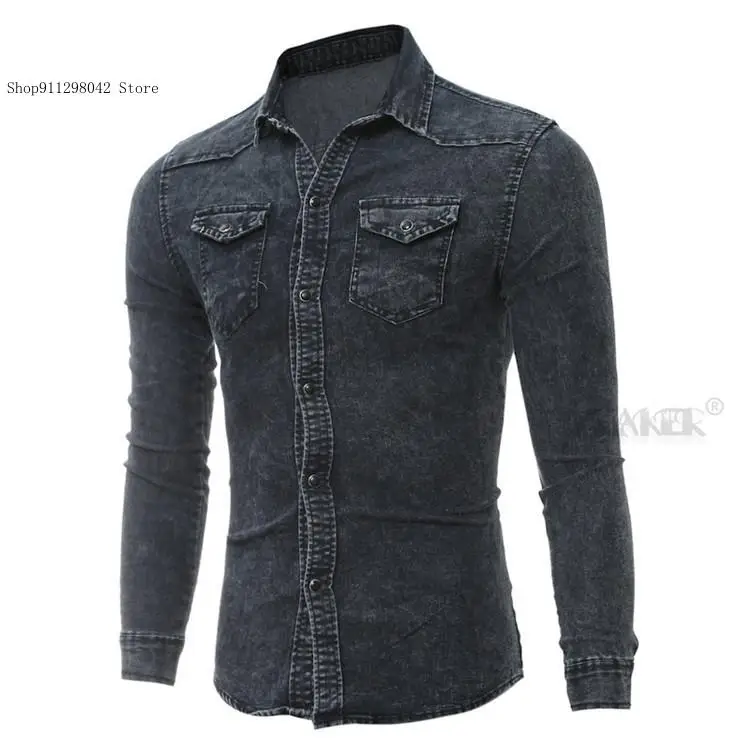 Retro Slim Fit Casual Simplicity Denim Long Sleeved Shirt for Men