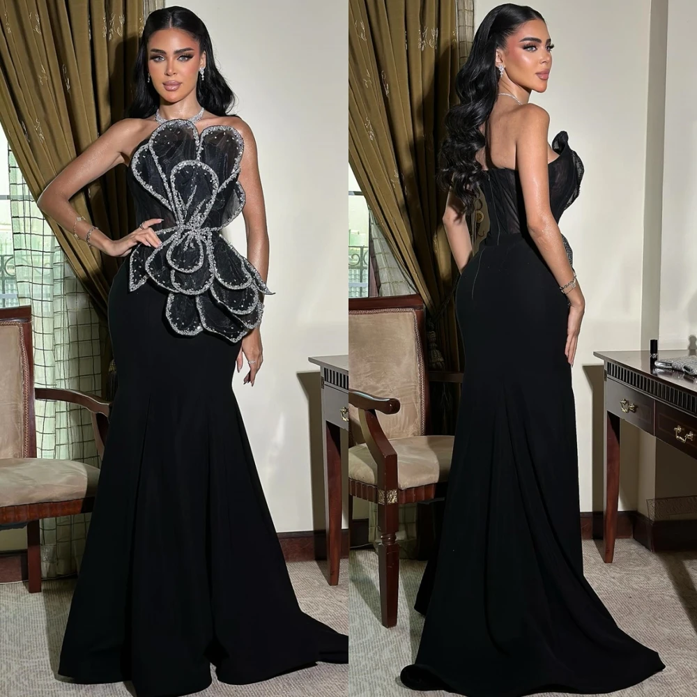 

Customized Simple Black Jersey Evening Dress Formal Strapless Sleeveless Celebrity Gowns Delicate Mermaid Crystal Party Dresses