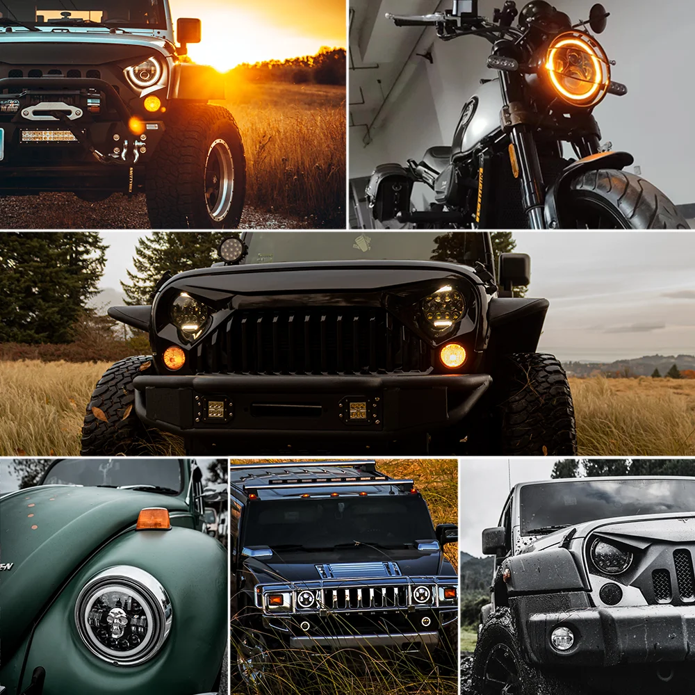 Farol redondo LED para motocicleta, 7 em farol redondo LED, Yamaha Harley Road King, Jeep Wrangler JK, Halo Angel Eyes