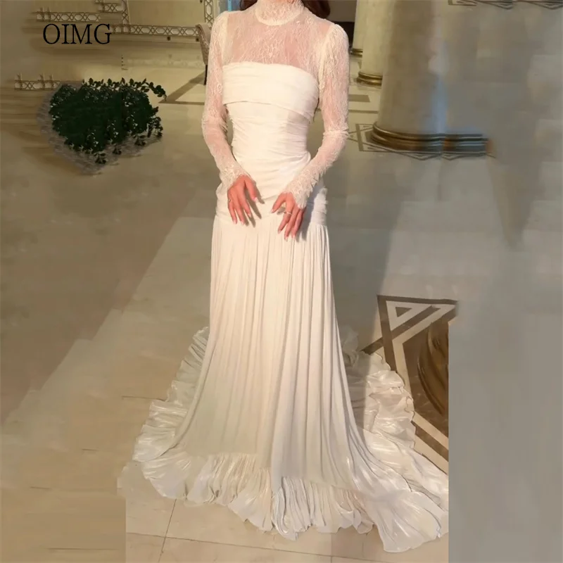 OIMG Abito da sposa linea A collo alto in pizzo avorio maniche lunghe abiti da sposa lunghezza pavimento abiti da sposa coda lunga personalizzati