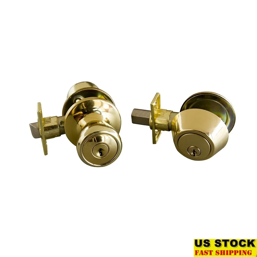 

Universal Entry Door Knob with Single Cylinder Deadbolt Polished Brass Anti-Bump Security Residential Use Fits Standard Doors