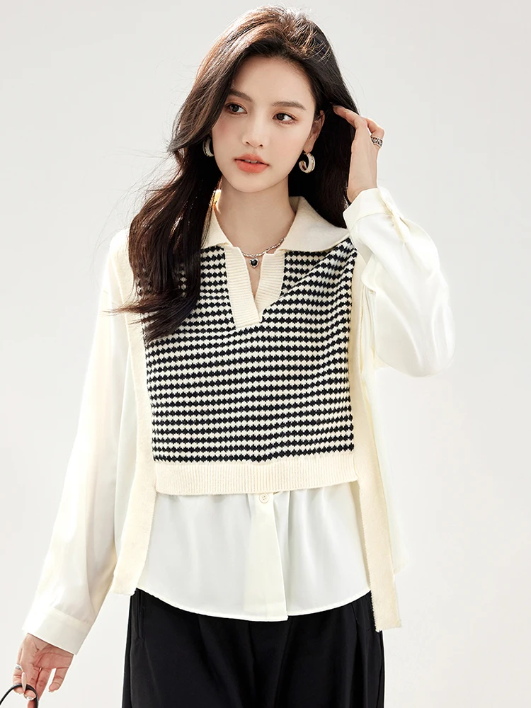 Fashion Fake Two-piece Knitted Vest Stitching Shirt Women Autumn New Turn-down Collar Long Sleeve Tops Sweater