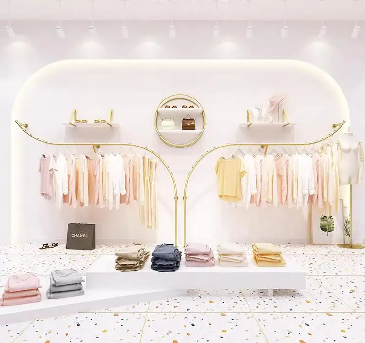 Wall mounted women's clothing store display rack, hanging clothes poles on the wall, children's clothing hanger display rack