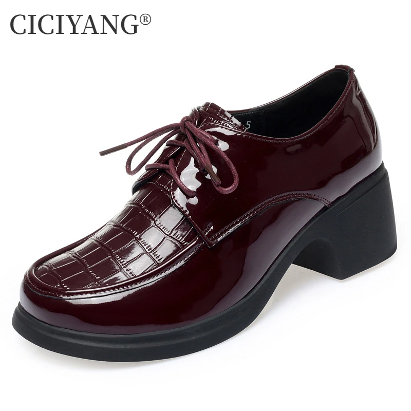 

CICIYANG Women Fashion Loafers Cowhide 2024 Autumn New Lace-up Shoes Small Size Shoes Ladies British Patent Leather High Heels