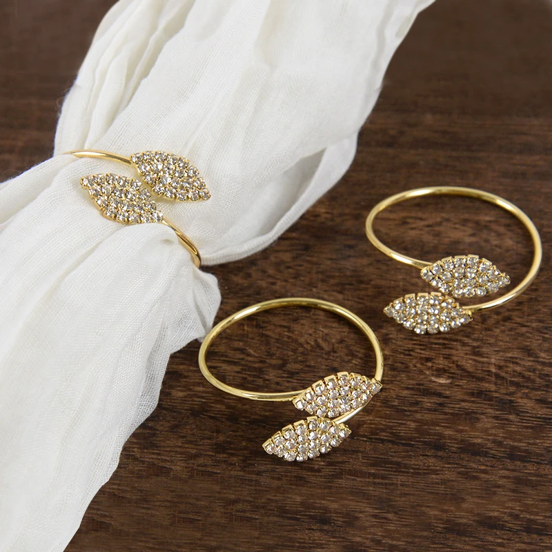 

6pcs Leaves Rhinestone Napkin Ring Metal Gold Napkin Holder Rings Hotel Wedding Party Dinner Table DIY Decoration Supplies
