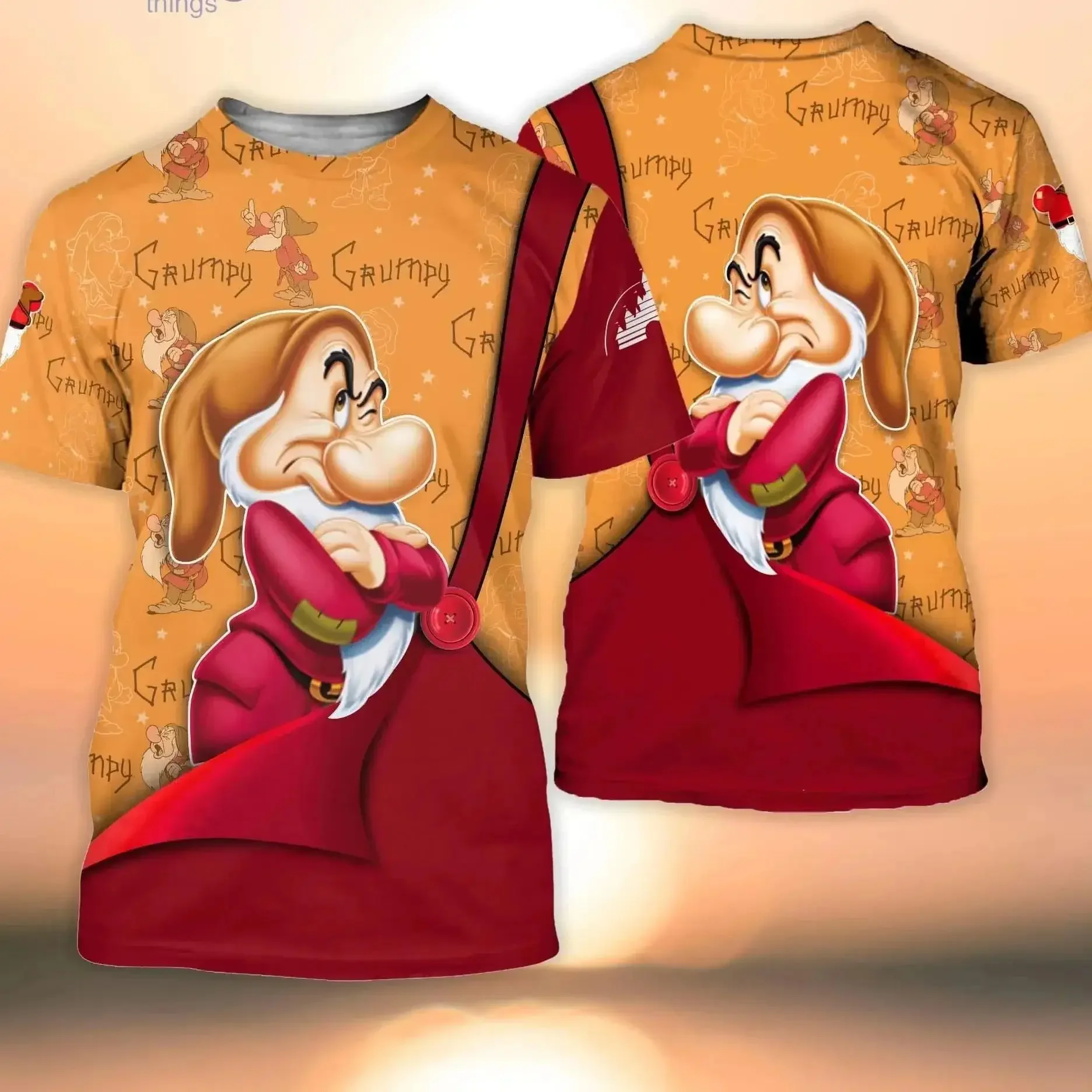 2024 Summer New 3D Printing Grumpy Dwarf Red Button Overall Patterns Disney Cartoon 3D T-Shirt Unisex