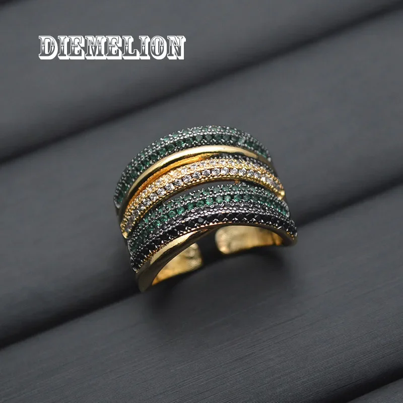 Luxury Designer Two Tone Gold Plated Micro Full Colorful CZ Rings for Women Geometry Shape Multi Layer Adjustable Big Ring
