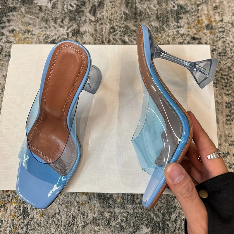 

2025 One Strap PVC Transparent Cup High Heel Slippers Women's Square Toe Open Toe Sandals Summer Sexy Banquet Dress Shoes