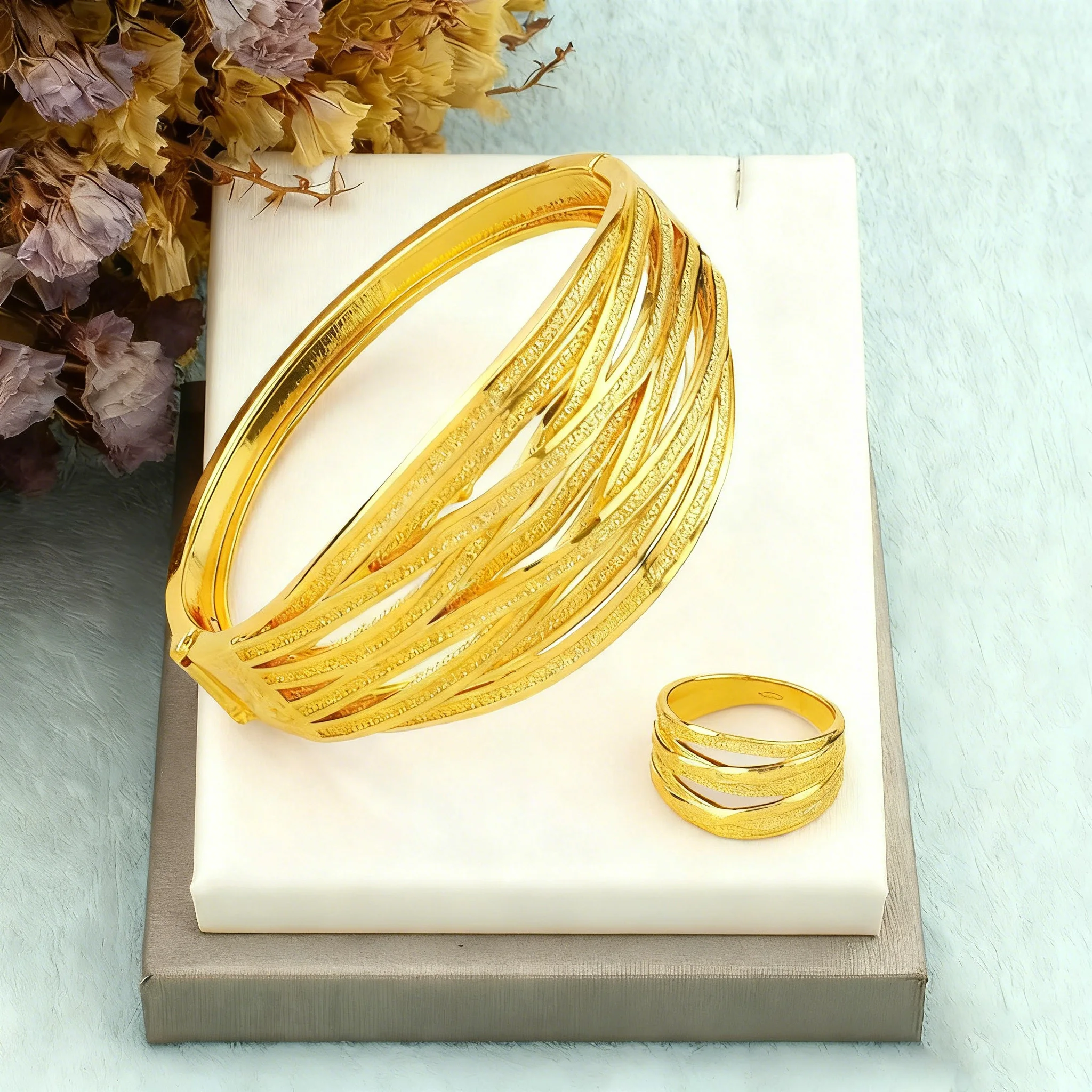 

Saudi Arabia African 18K Gold Irregular Fashion Jewelry Set Women Bracelet Ring Dubai Bride Nigeria Wedding Party Accessories