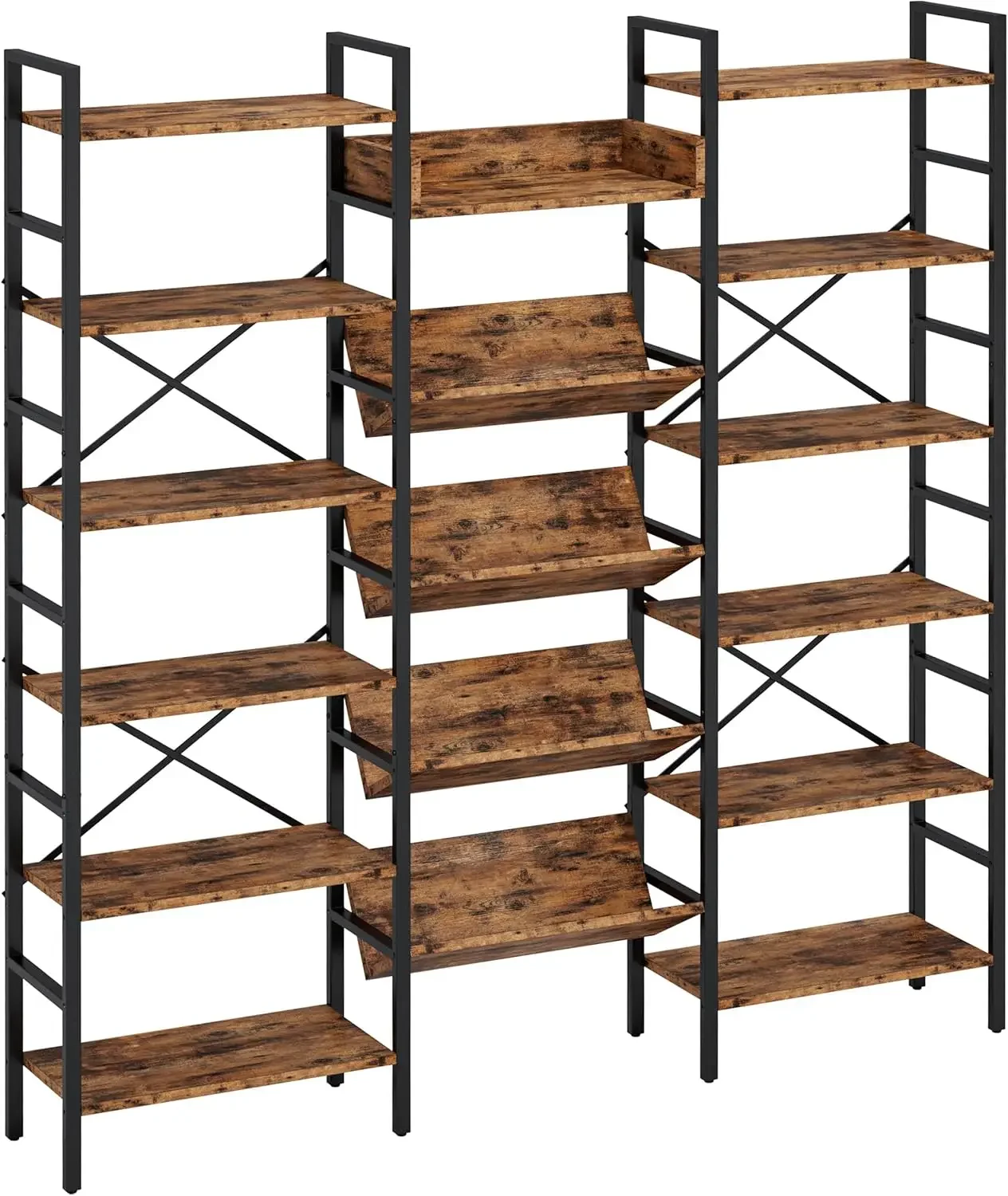 Industrial Bookshelves 6 Tiers Triple Wide Bookshelf, Large Etagere Bookshelf Open Record Player Shelves with Metal Frame