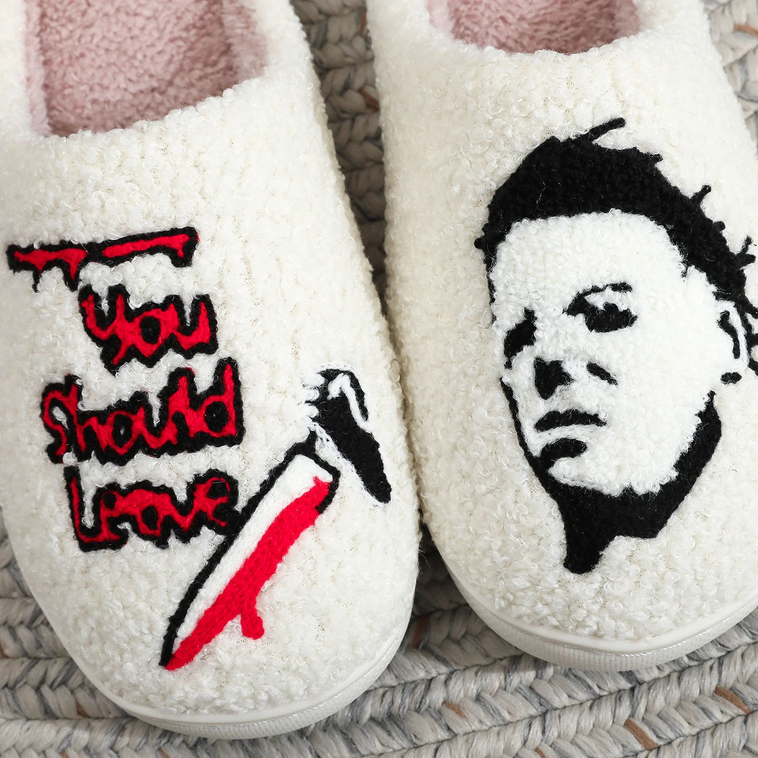 Horror Thriller Movie Michael Myers Halloween Embroidery stuffed Home Thick Sole plaid Furry Cotton Slippers Cute Warm Non-slip Indoor Slippers For