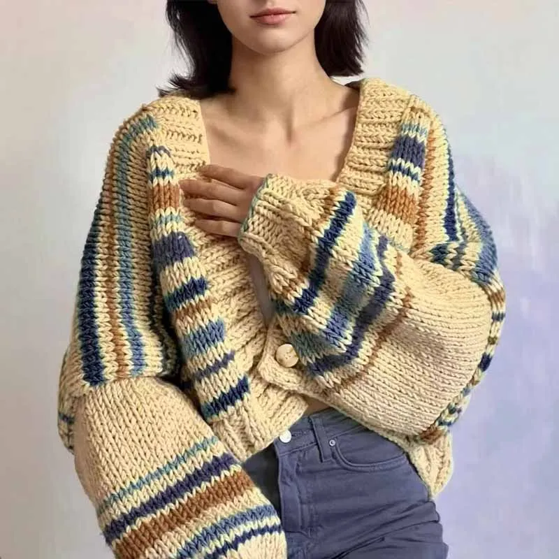 

BKQU Contrast Stripe Knitted Cardigans Women's Casual Loose V-Neck Long Sleeve Sweater Coat Warm Elegant Y2K Knitwear Tops 2025