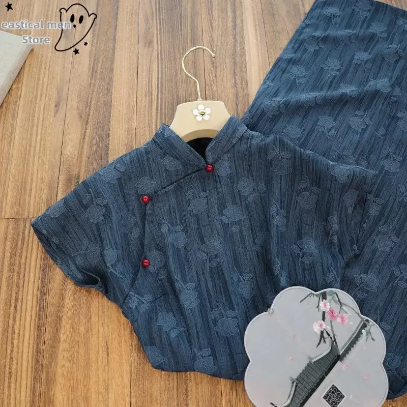 Lady Sexy Side Slit Lace Up Qipao Navy Blue Jacquard Flower Cheongsam Vintage Stand Collar Vestidos Gown New Chinese Style Dress view 2