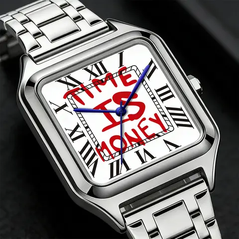 TIME IS MONEY Quartz Watch Men's Fashion Stainless Steel Alloy Square Dial Watch Waterproof High End Business Quartz Watch