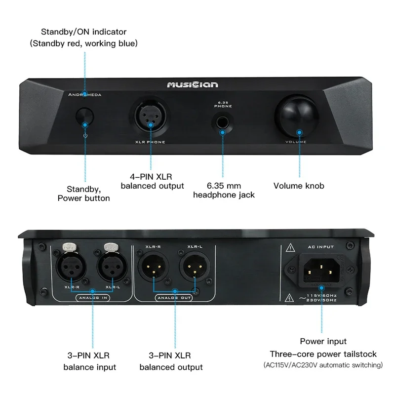 Músico Andromeda Amplificador de fone de ouvido Classe A pura totalmente balanceado 3 pinos 4 pinos XLR 6,35 mm 350 mW Saída 8 W 128dB Amplificador de fone de ouvido