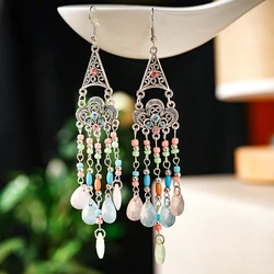 Bohemian Vintage Long Water Drop Earrings for Women Flower Shaped Rhinstone Silver Color Elegant Earring Party Vacation Jewelry