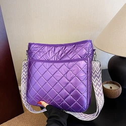 Purple Lattice Pattern Shoulder Bag Space Cotton Handbag Large Capacity Tote Bag Women Cotton Space Messenger Bag Big Female Bag