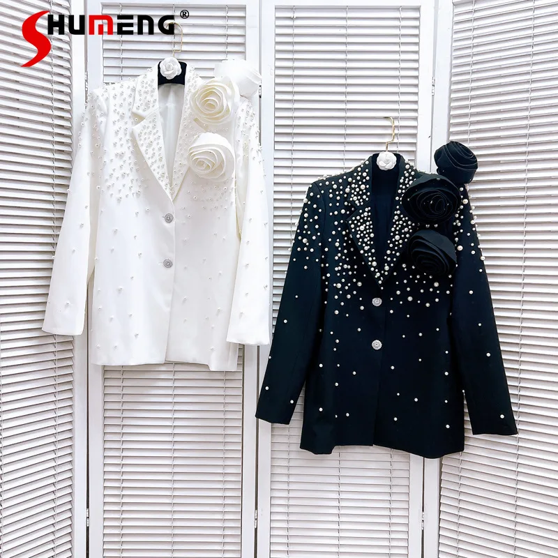 

2024 Feminine Socialite Suit Collar Beads Single-breasted Blazers Three-dimensional Flower Decoration Loose Chic Blazer Jackets