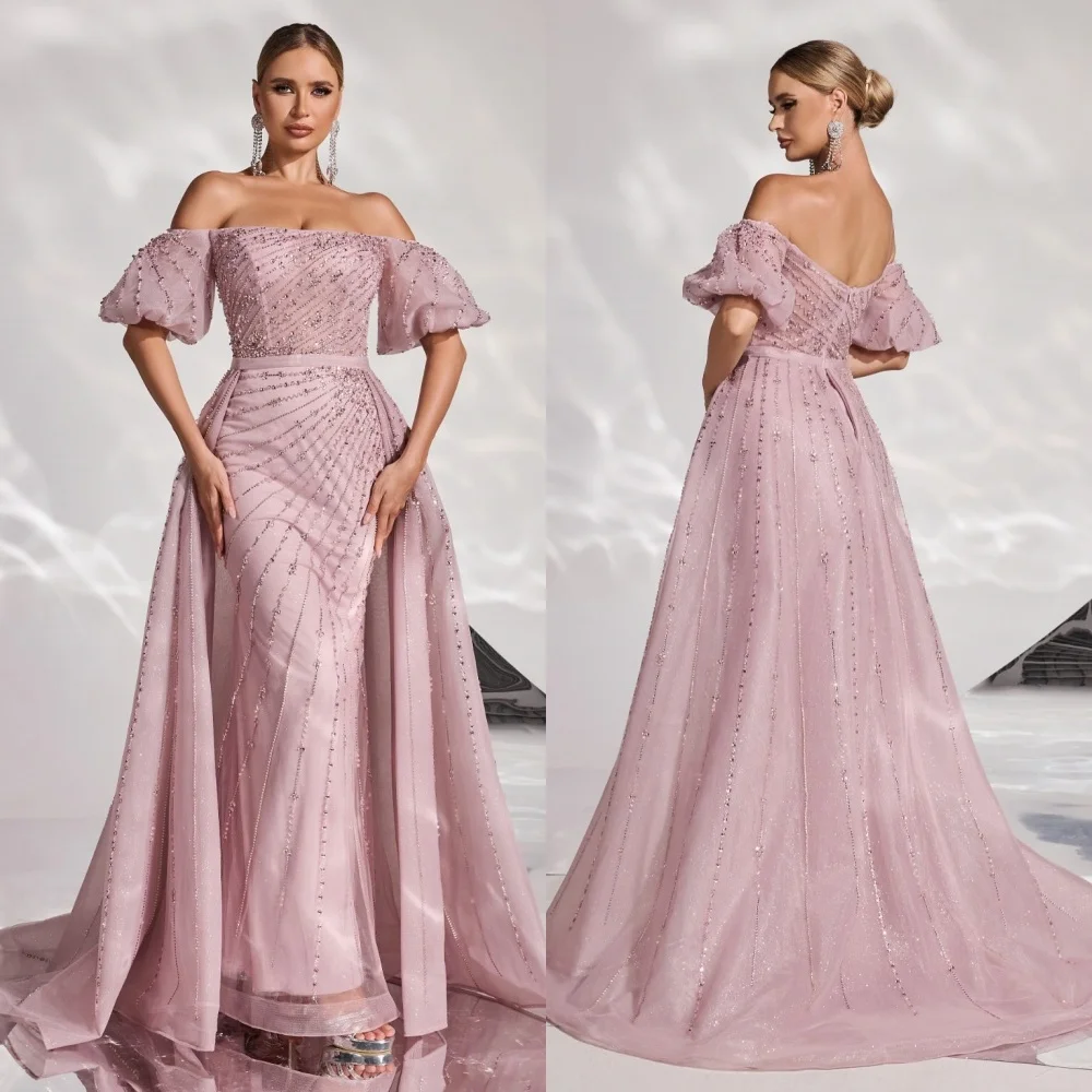 

Customized Elegant Organza Pleat Sequined Trumpet Off-the-shoulder Long Dresses Bespoke Occasion Modern Style