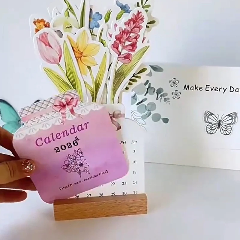 

2026 Bloomy Flowers Desk Calendar Mini Calendar Standing Desk Calendar Vase-Like Desktop Monthly Planner For Home School Office